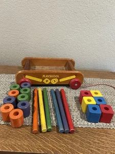Vintage Playskool Wooden Wagon With Blocks Red White Rope Pull Approx 12” X 8” - Picture 1 of 8