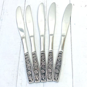 Set of 5 Vintage Luke Stainless Steel Korea Dinner Knives Floral Rose 20.5cm - Picture 1 of 7