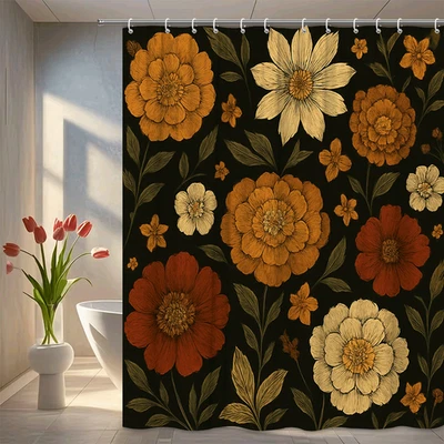 Cortina de Ducha Floral - Fondo Negro Estilo Vintage con Flores Coloridas Foto 1 de 4