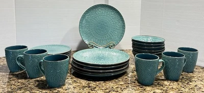 16pc Elama Embossed Mosaic Teal Stoneware Luxury Complete Dinnerware Set - Image 1 of 4