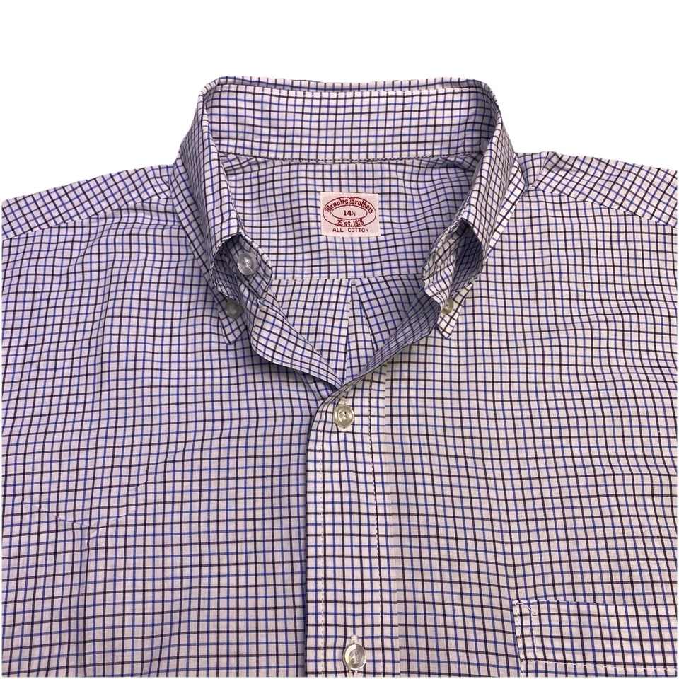 70s Brooks Brothers Shirt 14.5 Mens S/S 6 Button Down Blue Graph Check VGUC - Image 1 of 4