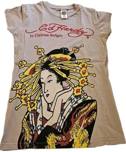 Y2k Ed Hardy Damen Shirts hellgrau XS Giesha - Bild 1 von 13