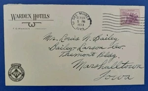 1933 Des Moines Iowa #732 Warden Hotels illustrated adv. cover - Picture 1 of 2