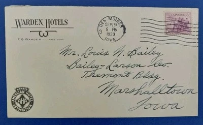 1933  Des Moines Iowa #732 Warden Hotels illustrated adv. cover - Image 1 of 2