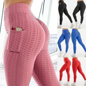 Women Anti-Cellulite Yoga Pants Pockets Butt Lift High Waist Leggings Exercise - Picture 1 of 32