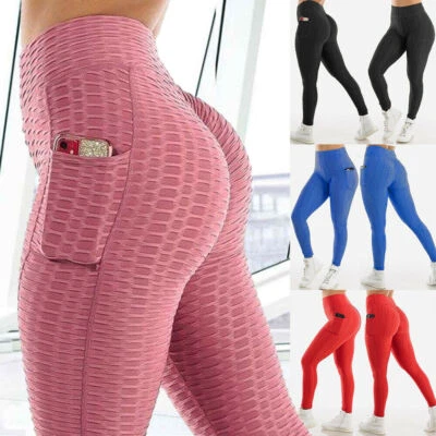Women Anti-Cellulite Yoga Pants Pockets Butt Lift High Waist Leggings Exercise - Image 1 of 4