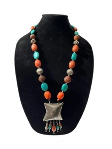 Vtg Tibetan Turquoise & Coral Colored Carved Wooden Beads Statement Necklace 29” - Picture 1 of 16