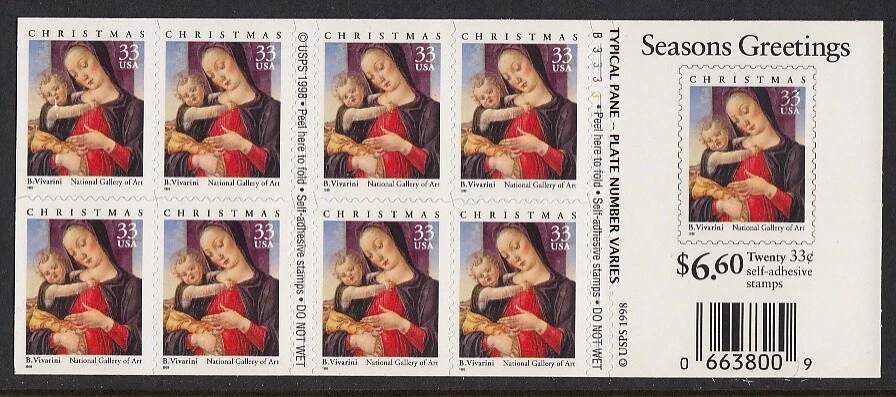 1999 Christmas Madonna Sc 3355a MINT plate number B3333 booklet of 20 - Image 1 of 1
