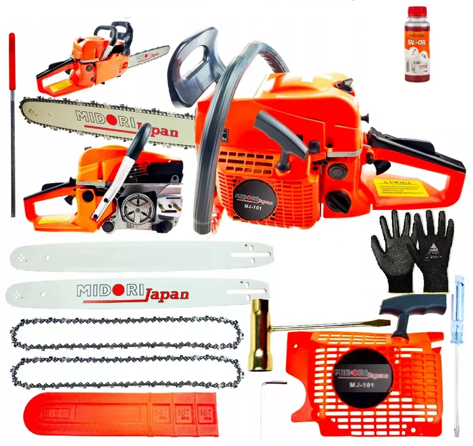 MIDORI JAPAN Motorsäge Benzin 6,0 PS mit 2x18"Schwert/Kette Ersatzstarterdeckel+Öl+Handschuhe