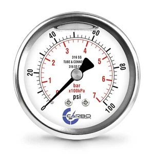 2-1/2" Pressure Gauge, ALL STAINLESS STEEL, Liquid Filled, Back Mnt, 100 Psi - Picture 1 of 6