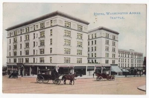 SEATTLE WA HORSE WAGON EARLY AUTOS HOTEL WASHINGTON ANNEX VINTAGE POSTCARD 90621 - Picture 1 of 2