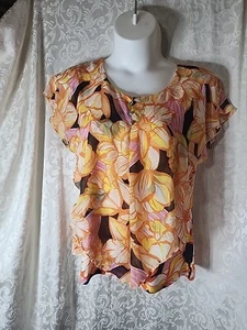 Clover And Pine XXL SILKY Layered CAP Sleeve Blouse ORANGE FLORAL 5592 - Picture 1 of 8