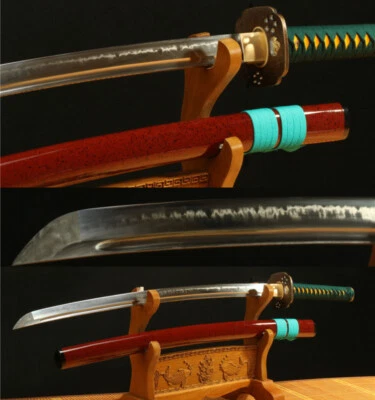 1095 carbon steel clay tempered sharp japanese sword brass tsuba red saya - Image 1 of 4