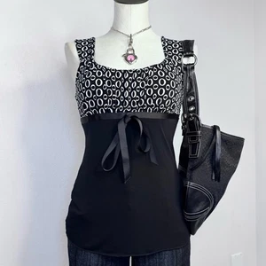 Camiseta sin mangas Babydoll Y2K moño pequeña coqueta mod officecore estampado geométrico femenino - Imagen 1 de 5