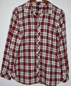 Talbots Sz Large Holiday Plaid Shirt Red White Gold Long Sleeve Button Front Top - Picture 1 of 19