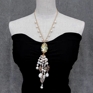Freshwater White Pearl  Blue Larimar Pendant Cz Pave Rosary Chain Necklace - Picture 1 of 6