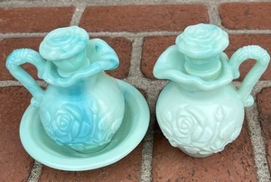 2-Vtg Avon Green w/Blue Swirl Decanter Glass Pitcher & 1-Bowl Victorian Rose - Picture 1 of 6
