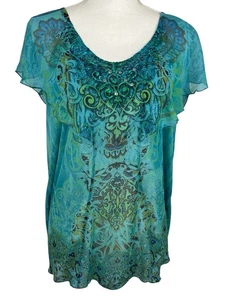Unity World Wear Women XL Blouse Blue Sheer Top Lace Neckline Short Sleeve - Picture 1 of 21