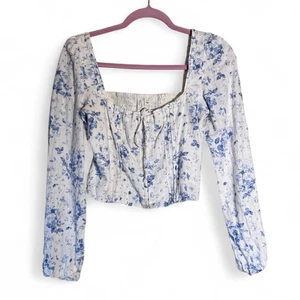 Joie weiß blau geblümt Leinen Bauern Top Damen S gesmokt cropped Langarm - Bild 1 von 11