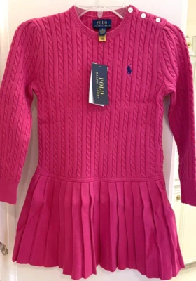 Polo Ralph Lauren Girls Mini Cable Pleated Cotton Sweater Dress 6  Pink - Image 1 of 4
