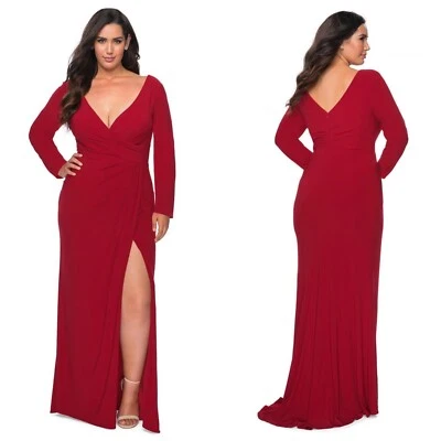 NEW LA FEMME Curve RED Long Sleeve V NECK Faux Wrap PLUS SIZE Jersey GOWN 20 - Image 1 of 4