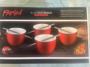 Parini 15 oz Ceramic Glazed Rice Bowls & Stainless Steel Chopsticks Quantity 4 - Picture 1 of 2