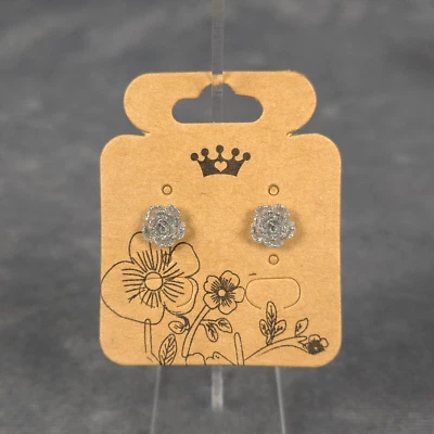 Pendiente de flor rosa brillante plateado poste de acero inoxidable mariposa/espalda de silicona Foto 1 de 2