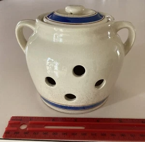 Vintage Lillian Vernon Garlic Keeper Crock Beige with Blue and Burgundy Stripes - Picture 1 of 9