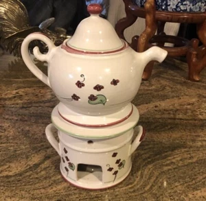 ANTIKE handbemalte französische Keramik Tisaniere Teekanne & Wärmer Ständer, Ende 19. Jahrhundert - Bild 1 von 14