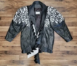 VTG 1980's Designer Black+White LEATHER JACKET Ornate Designs/Mink Trim FRANCE - Picture 1 of 22