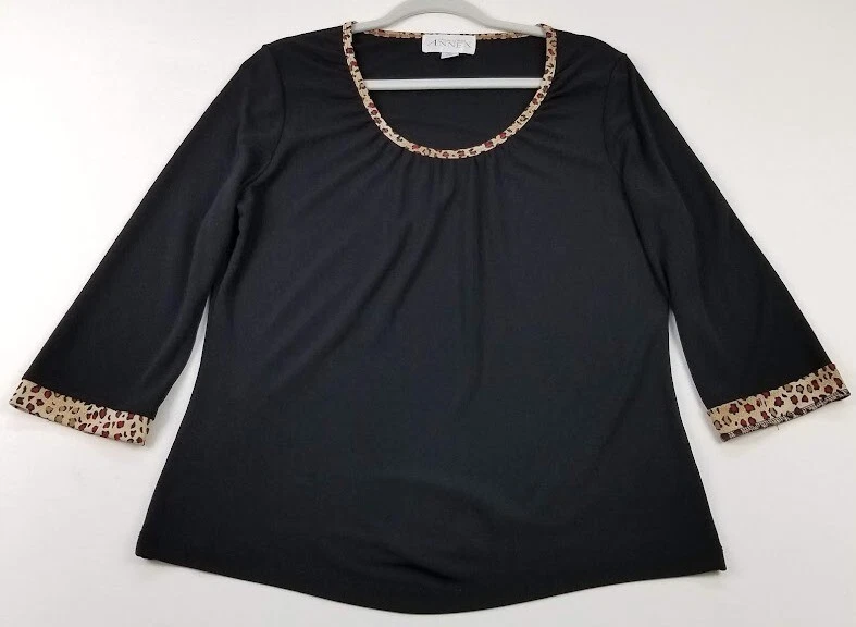 Blusa informal de esquina para mujer extra grande negra con ribete de leopardo cuello redondo manga 3/4 Foto 1 de 4