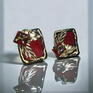 Earrings Red Gold Tone Lucite Acrylic Pierced Leaf Design 3D (C102) - Picture 1 of 6