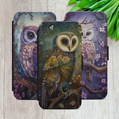 OWL CASE FOR IPHONE SAMSUNG GOOGLE CHERRY BLOSSOM FLORAL FLIP WALLET PHONE COVER - Image 1 of 4