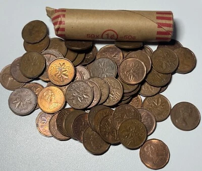 50x Canada 1 Cent Coins Mixed Dates Full Roll Of Pure Copper Canadian Pennies - Image 1 of 2