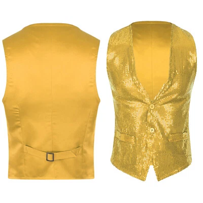 Men Women Glittery Sequin Vest Top Button Sleeveless Dance Performance Waistcoat - Image 1 of 3