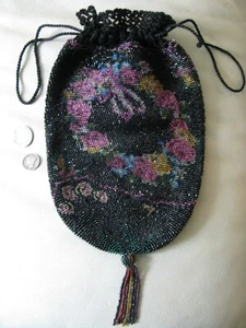 Antique Black Crochet Pink Rose Bead Floral Wreath Bow Ball Tassel Flapper Purse - Picture 1 of 11