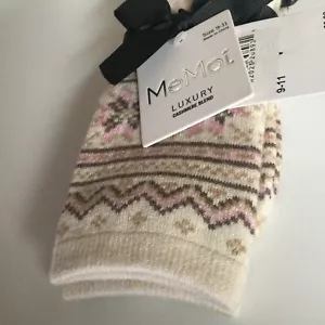 MEMOI FAIR ISLAND CASHMERE BLEND CREW SOCKS IVORY AND PINK OS NWT - Picture 1 of 4