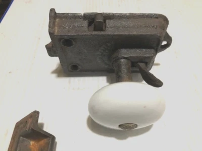 Antique Cast Iron Surface Mount Rimlock W/Porcelain Pull Knob Side Lever Latch - Image 1 of 4