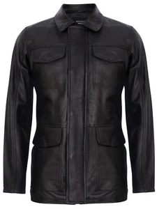Men's Classic Black Genuine Real Leather Retro Safari Parker Trench Jacket - Picture 1 of 5