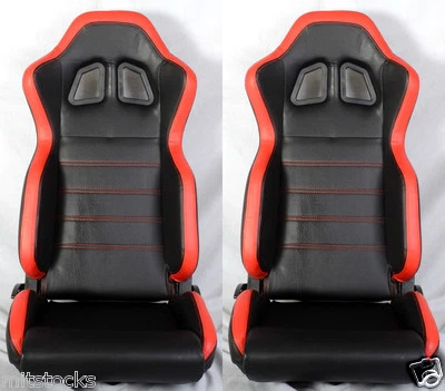 NUEVO 2 ASIENTOS DE CARRERAS DE CUERO PVC NEGRO Y ROJO + DESLIZADOR RECLINABLE TODO DODGE Foto 1 de 2