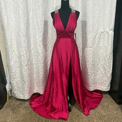 Sherri Hill Raspberry Satin Formal Slip Dress Size 2 Style 91732 Silver Diamond - Image 1 of 4