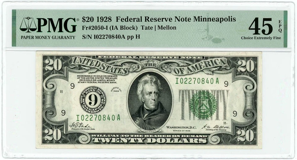 FR.2050-I $20 1928 Federal Reserve Note Minneapolis Ch XF45 EPQ PMG 950222-211 - Image 1 of 3