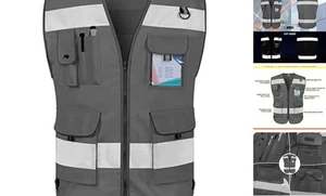  Hi Vis Vest 9 Pockets High Visibility Reflective Medium Grey Fabric-bison 001 - Picture 1 of 5
