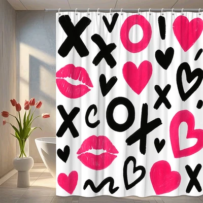 Linda Cortina de Ducha Rosa y Negra con Diseño de Corazones y Labios Foto 1 de 4