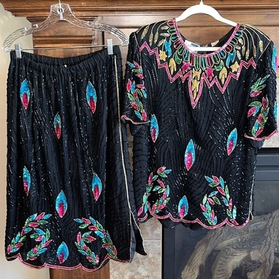 Conjunto de top y falda vintage de lentejuelas con cuentas de seda pavo real glamour XL plus Foto 1 de 4