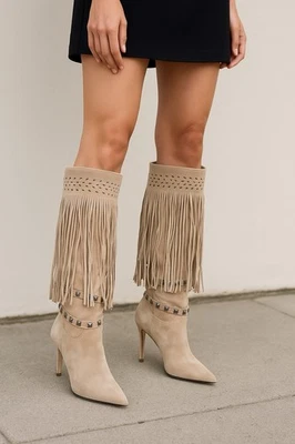 MANOLO BLAHNIK Gamuza Flecos Botas Occidentales Tacones Talla 37 6.5-7 De Colección Bohemio Tostado Foto 1 de 4