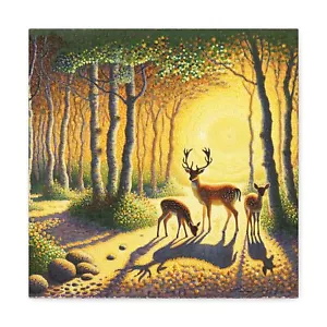 Canvas Gallery Wrap Home Wall Art Decor Pointillism Deer Forest Scene - Picture 1 of 21