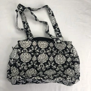Black White Floral Fabric Purse Pockets Zipper Washable Bag - Foto 1 di 10