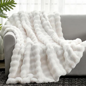 Faux Fur Throw Blanket for Couch, Fuzzy Soft Plush Thick Bubble Blanket for Sofa - Picture 1 of 12
