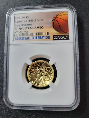 🌟2020-W Proof $5 Gold Basketball Hall of Fame NGC PF70 UC ER Basketball Label - Image 1 of 3